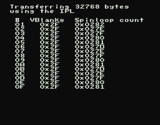Transferring 32768 bytes using the IPL.  0x2F VBlanks, 0x0282 spinloop count
