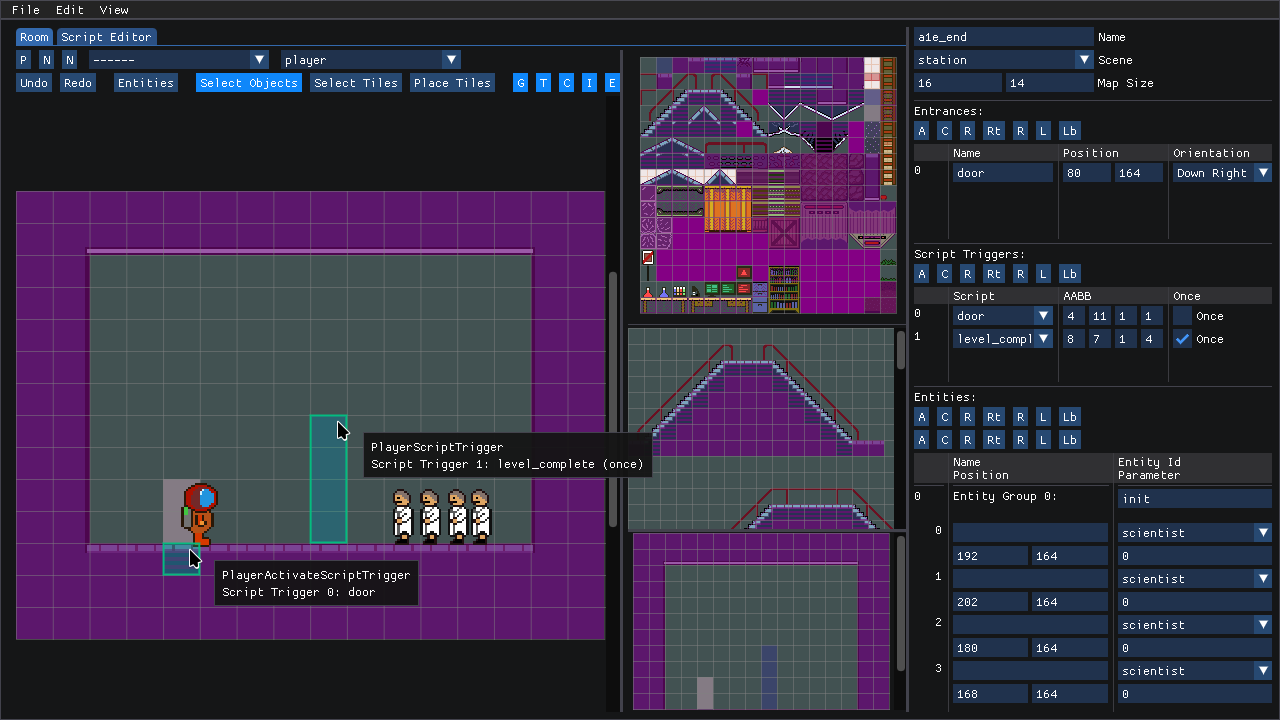 Room editor screenshot. 2 mouse cursors have popups listing the interactive-tile and script name for the 2 script triggers